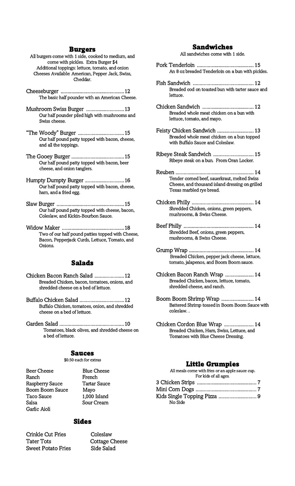 Menu | Grumpy's Bar & Event Center